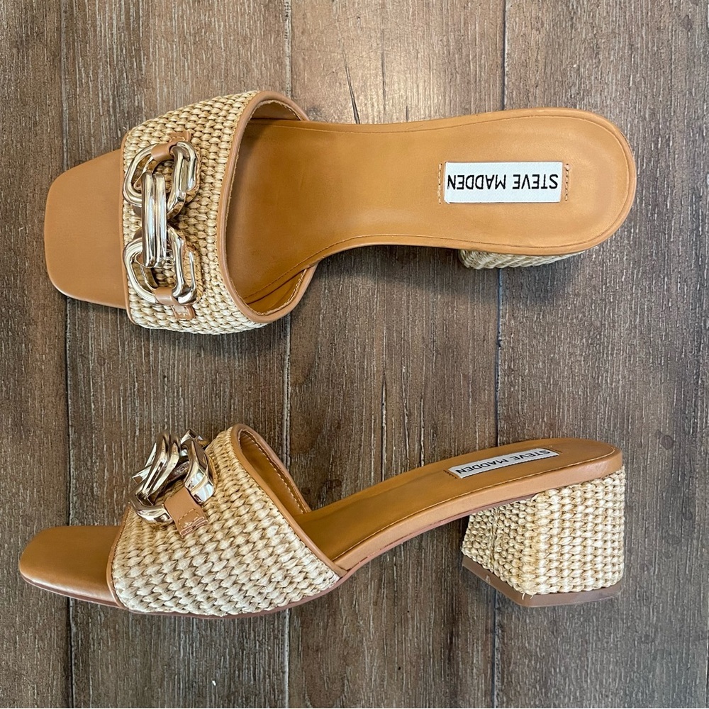 Steve Madden Tan & Natural Woven Block Heel Sandals with Gold Chain - Picture 2 of 9